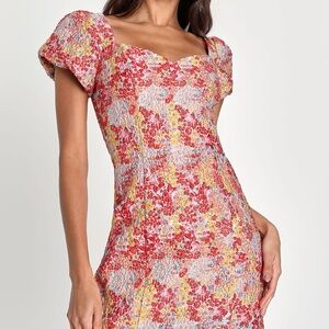 Lulus Sweetest Essence Blush Floral Jacquard Puff Sleeve Mini Dress